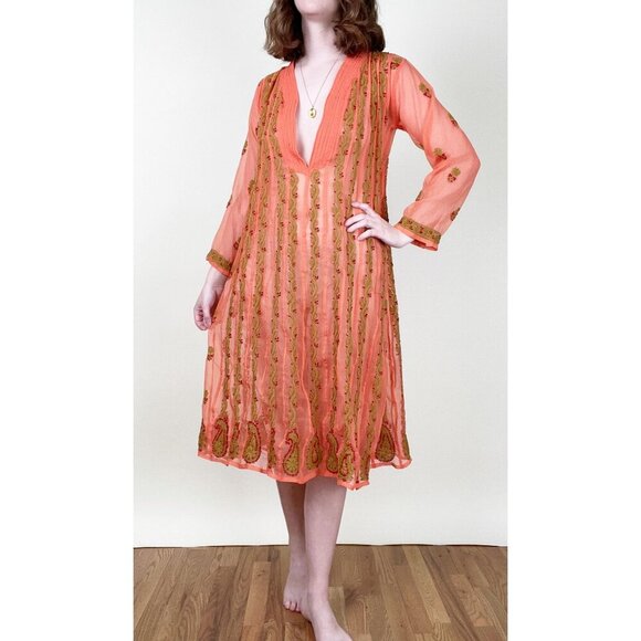 Vintage Embroidered Swimsuit Cover Up Midi Dress Sheer Coverup Beach Boho Light - Picture 6 of 6